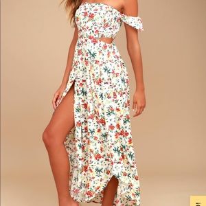 Easy on the Eyes Cream Floral Print Off-the-Shoulder Maxi Dress